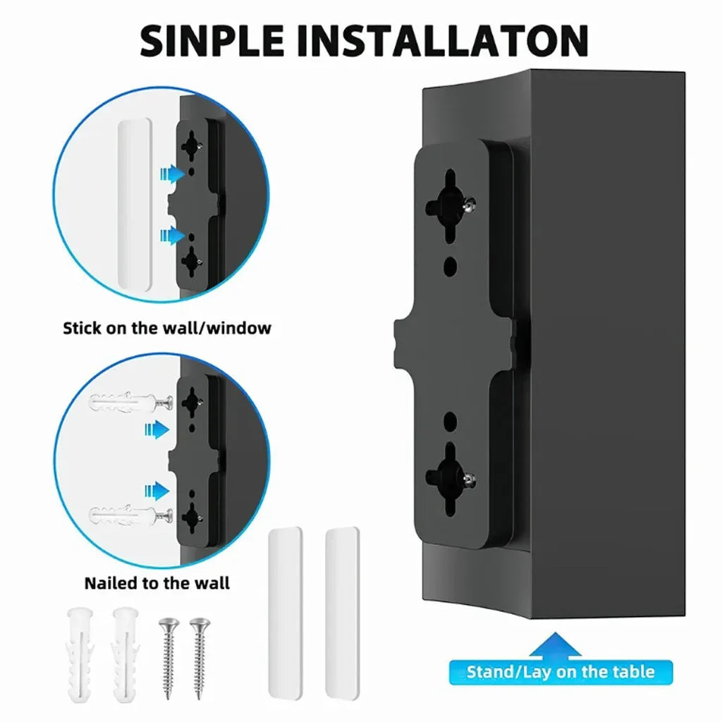 Black plastic digital television antenna with mounting accessories including screws, expansion tubes, cable ties, and adhesive tape