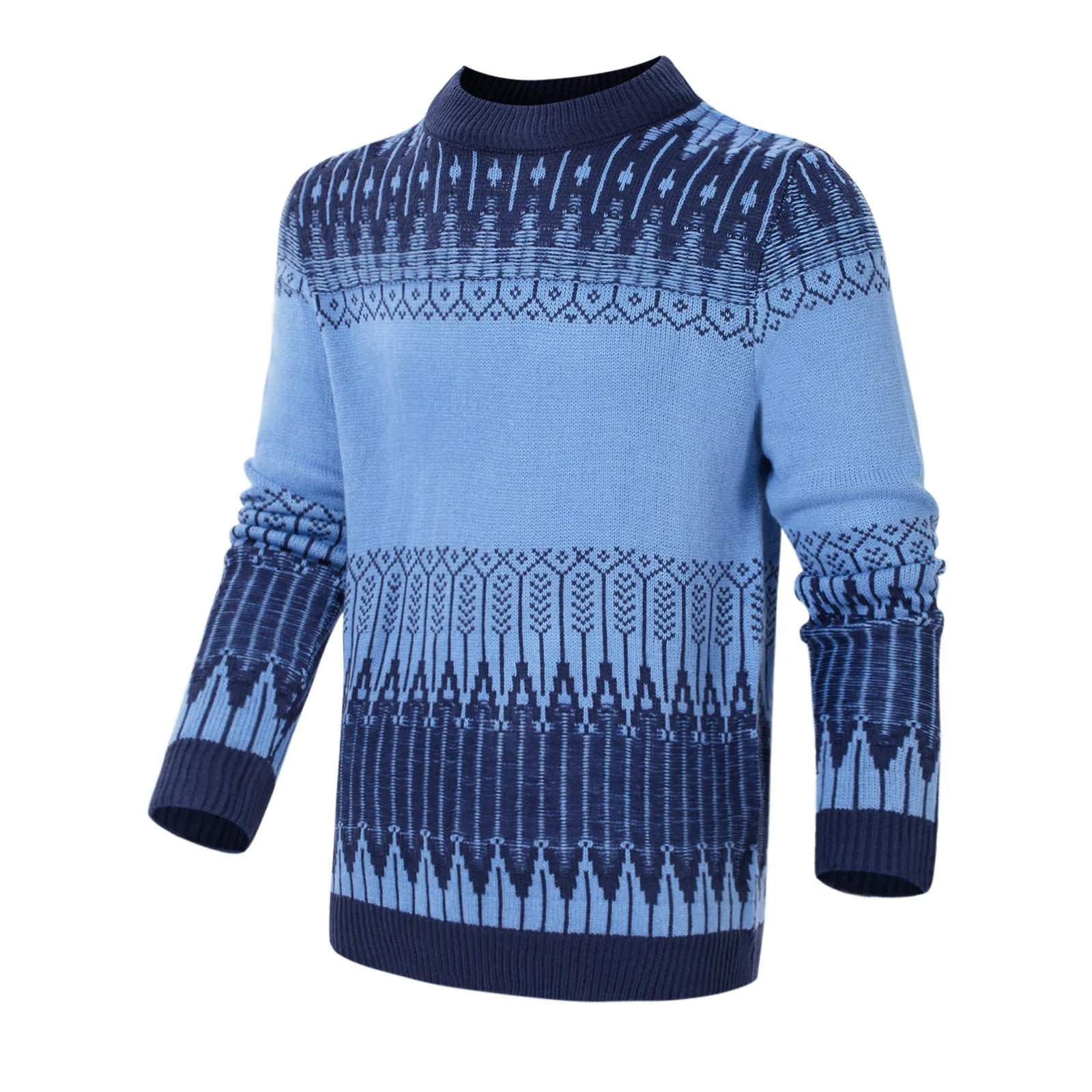 Men's knitted long-sleeved pullover sweater on a model, shown in one of several available styles.