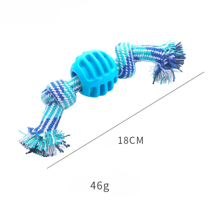 Blue dog chew toy with rope handles and textured surfaces for dental cleaning