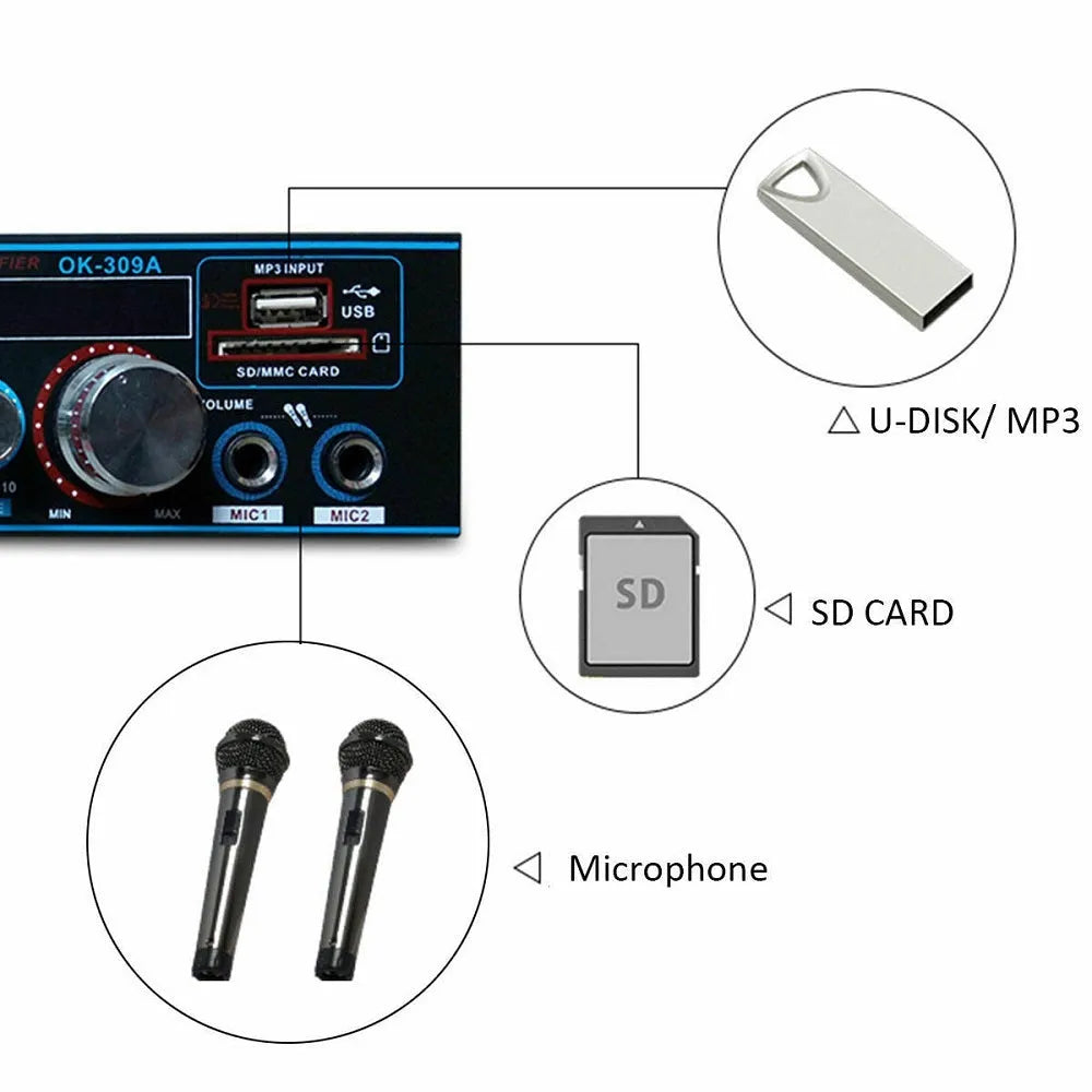 Black dual-purpose power amplifier with Bluetooth and recording functions for home and car audio