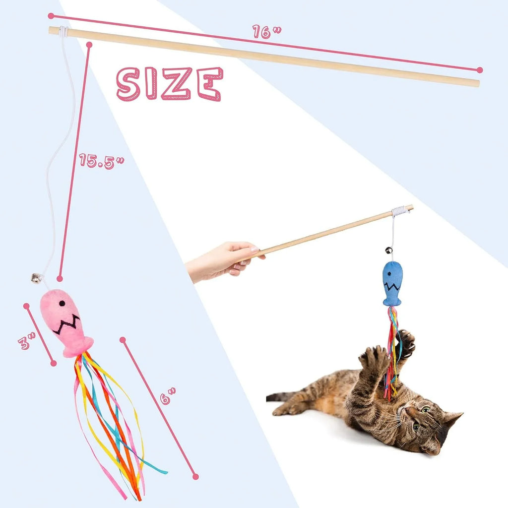 Interactive cat wand toy with colourful ribbons, catnip fish, and bell on a wooden handle