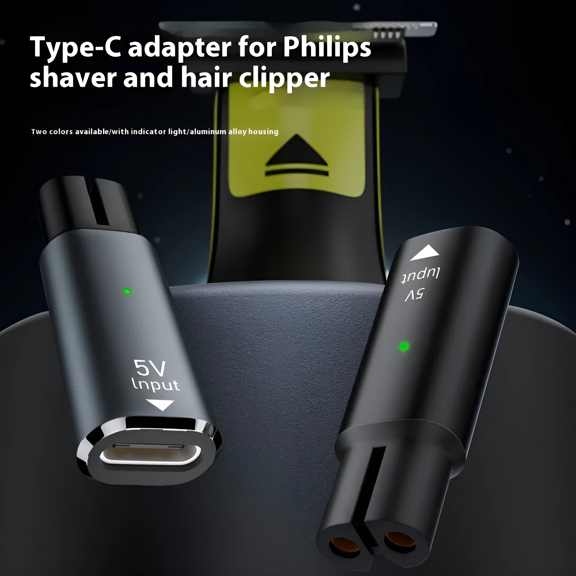 Black USB-C charging adapter for electric shavers with aluminum alloy construction