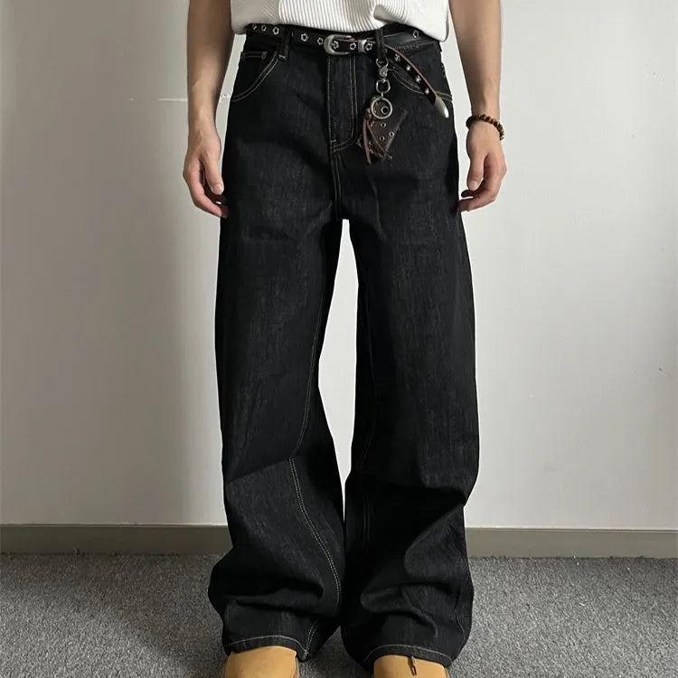 Black retro straight-leg jeans with loose wide-leg design and zip placket closure