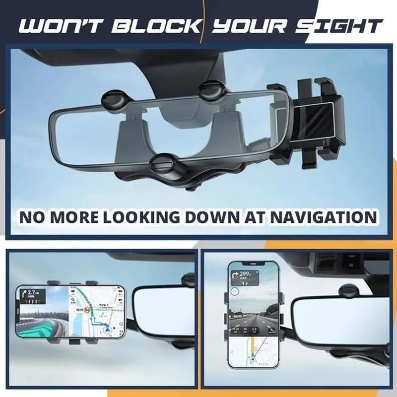 Black rearview mirror phone holder with 360° rotating head and retractable arm extended