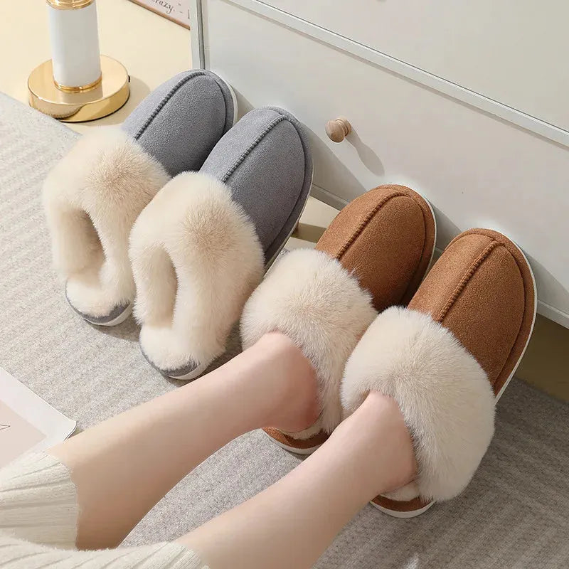 Women's winter plush indoor slippers in brown with anti-slip PVC sole and artificial wool insole