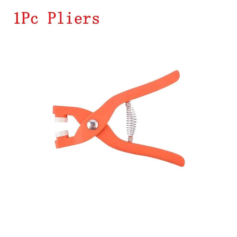 Five claw no-sew button fastener tool and stainless steel buttons for children's clothing.