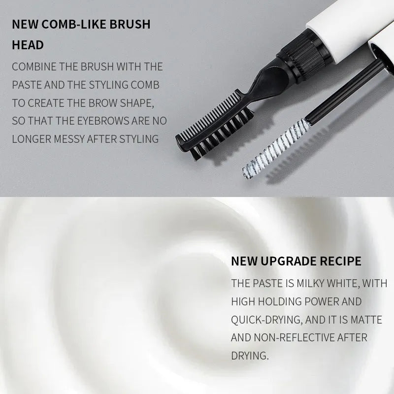 Eyebrow glue bottle with applicator brush for natural wild brow styling in pink and white options.