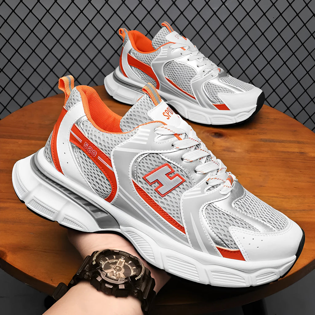 Men's mesh casual running shoes in black, grey, or orange with rounded toe and plastic sole