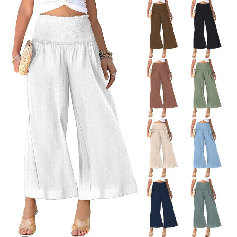 Women's cotton trousers with high waist pleating in straight-leg cropped style