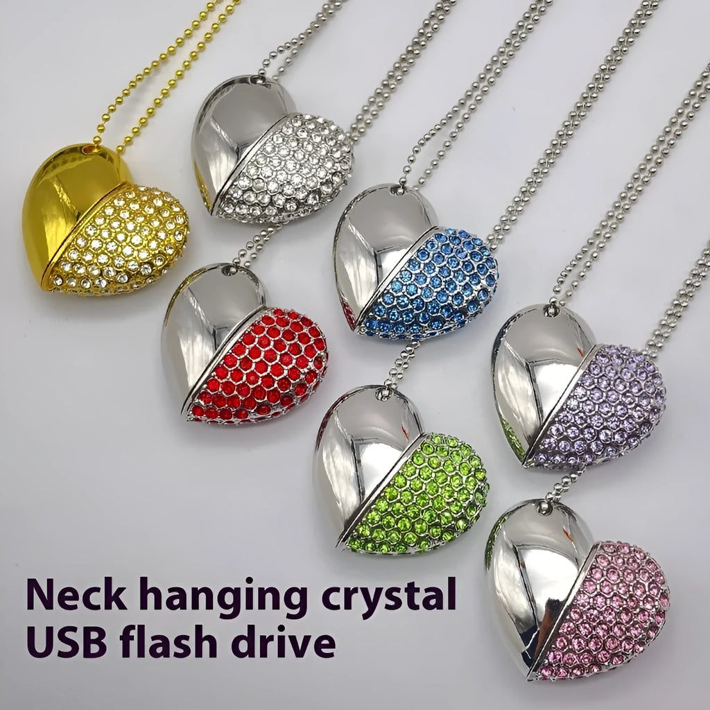 Heart-shaped USB flash drive with a brick-inlaid pattern on a metal shell, shown in multiple colour options.