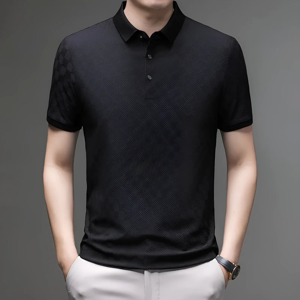 Rhombus Thin Ice Silk short sleeve T-shirt in black, showing slit design detail on a hanger.