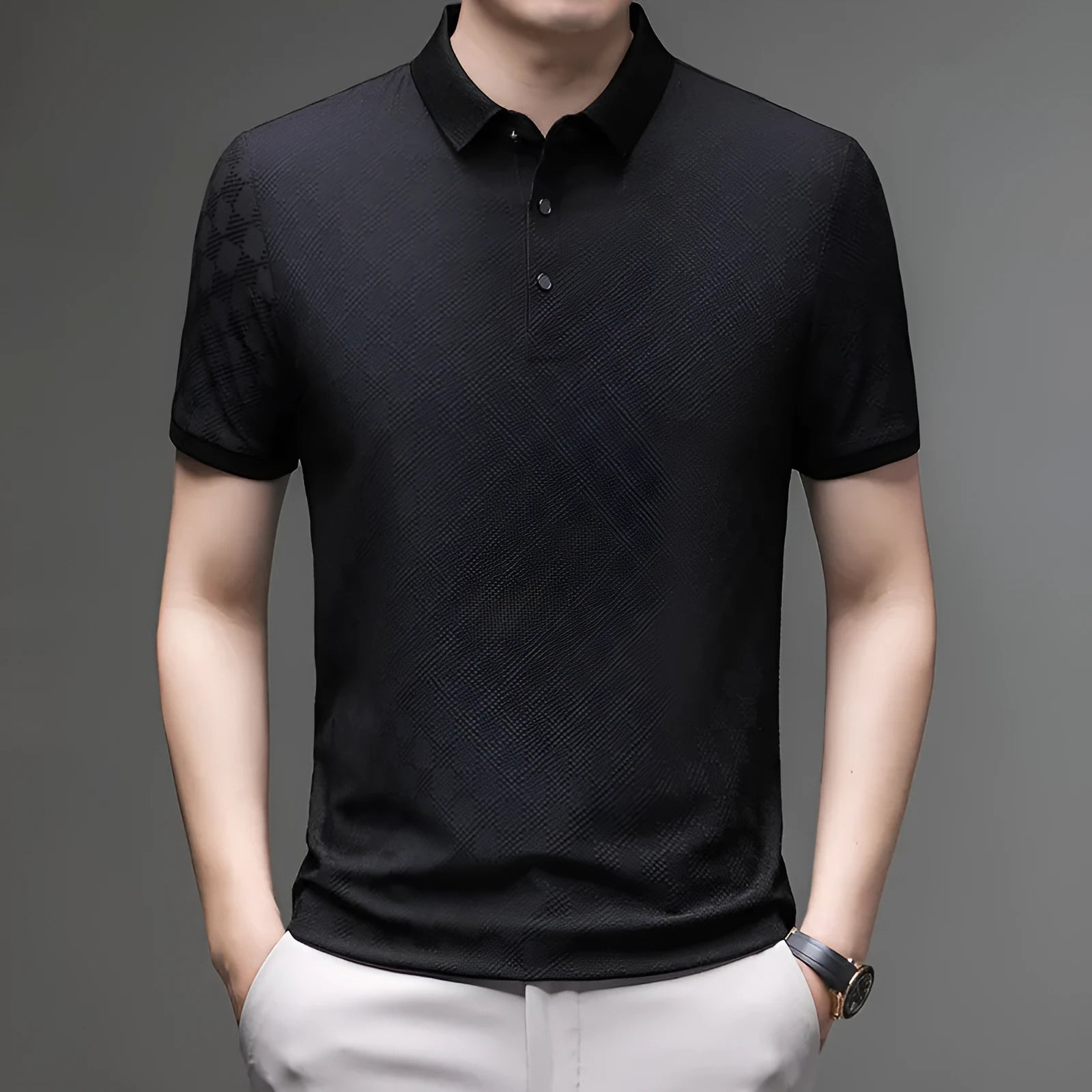 Rhombus Thin Ice Silk short sleeve T-shirt in black, showing slit design detail on a hanger.