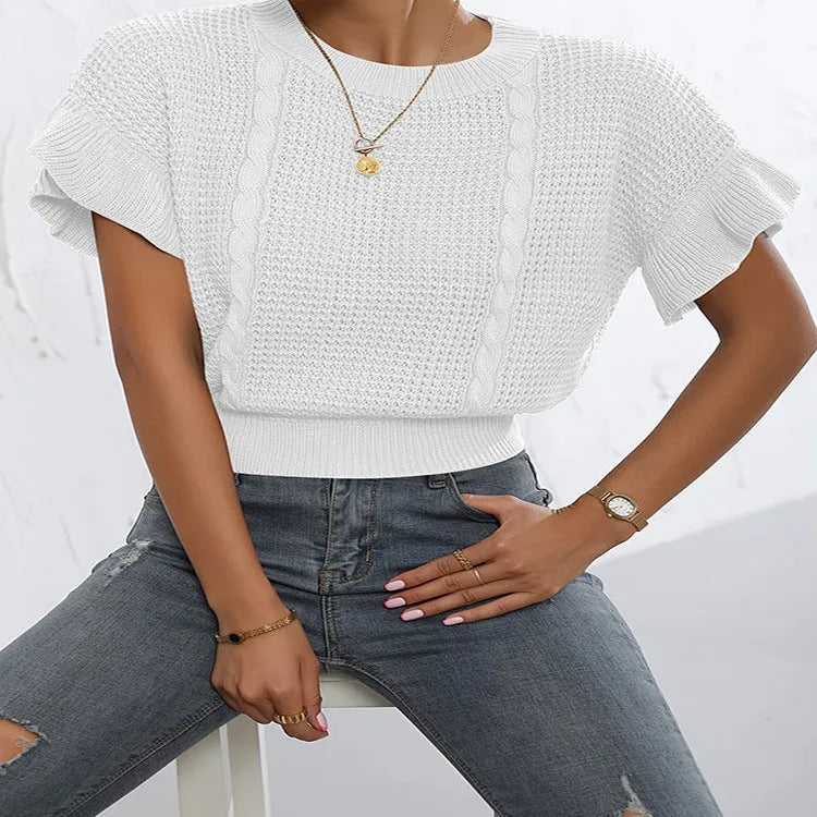 Twisted string ruffle sleeve knitted pullover sweater in loose casual fit