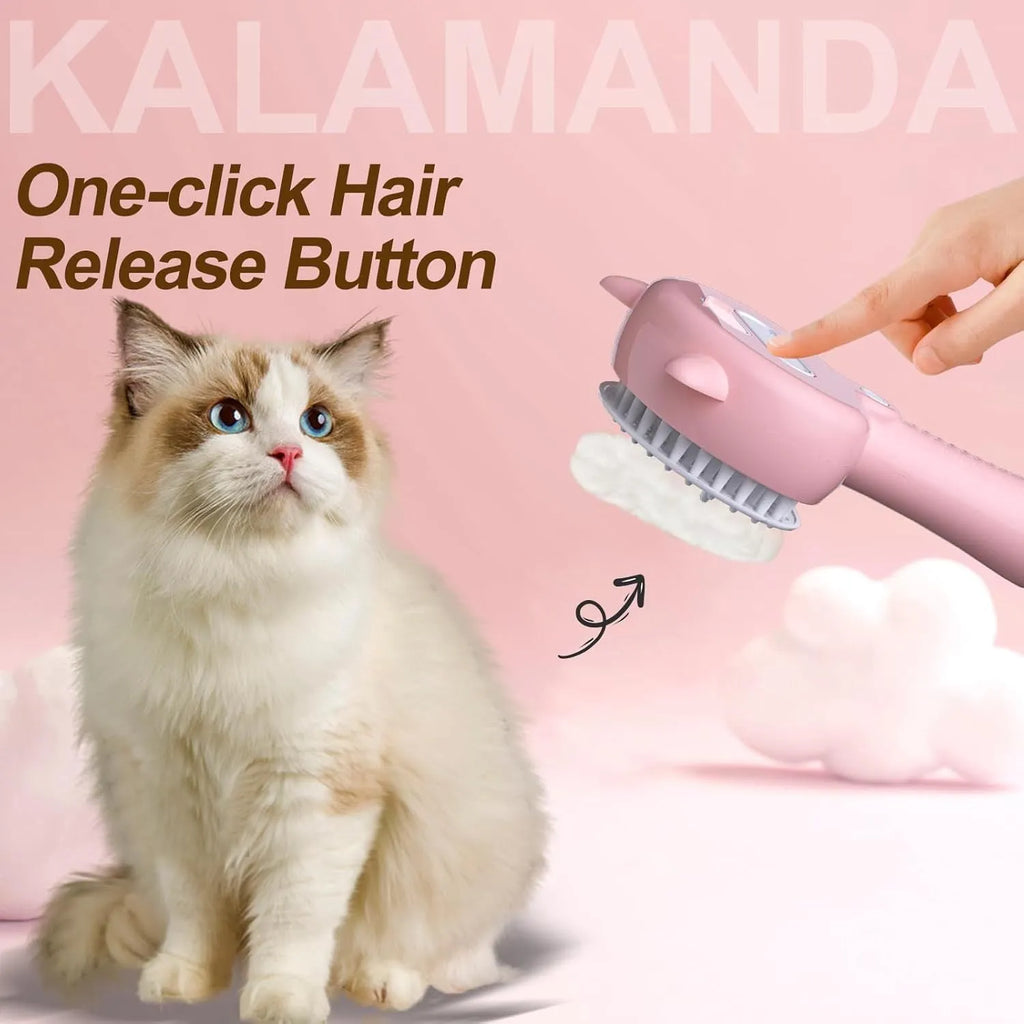 Blue cat steam brush with ergonomic handle and soft rubber bristles for pet grooming