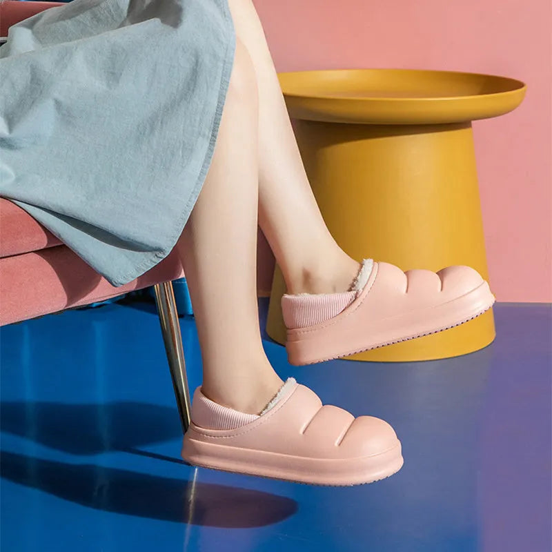 Waterproof EVA couple slippers in various colours with plush lining and non-slip soles