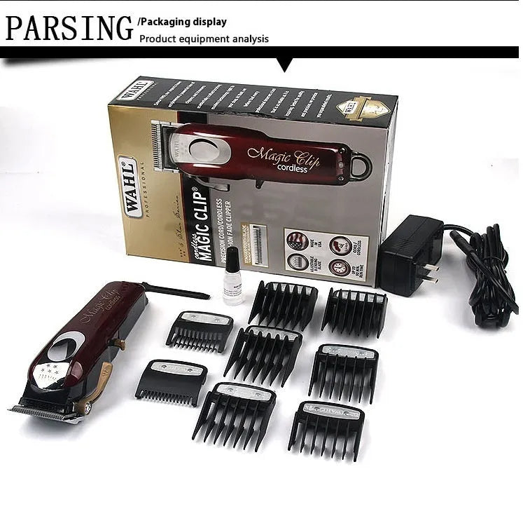 Charging hair clipper with stainless steel cutter head on a white background.