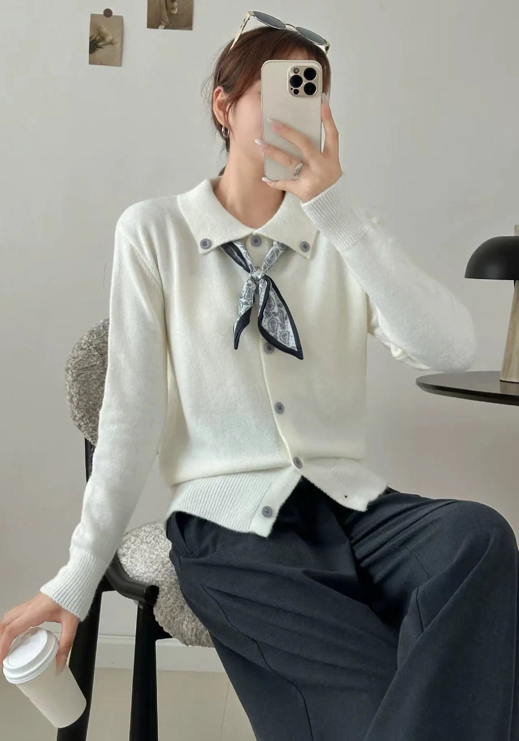 Women's lapel scarf collar acrylic cardigan sweater in milky white colour with long sleeves