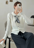 Women's lapel scarf collar acrylic cardigan sweater in milky white colour with long sleeves