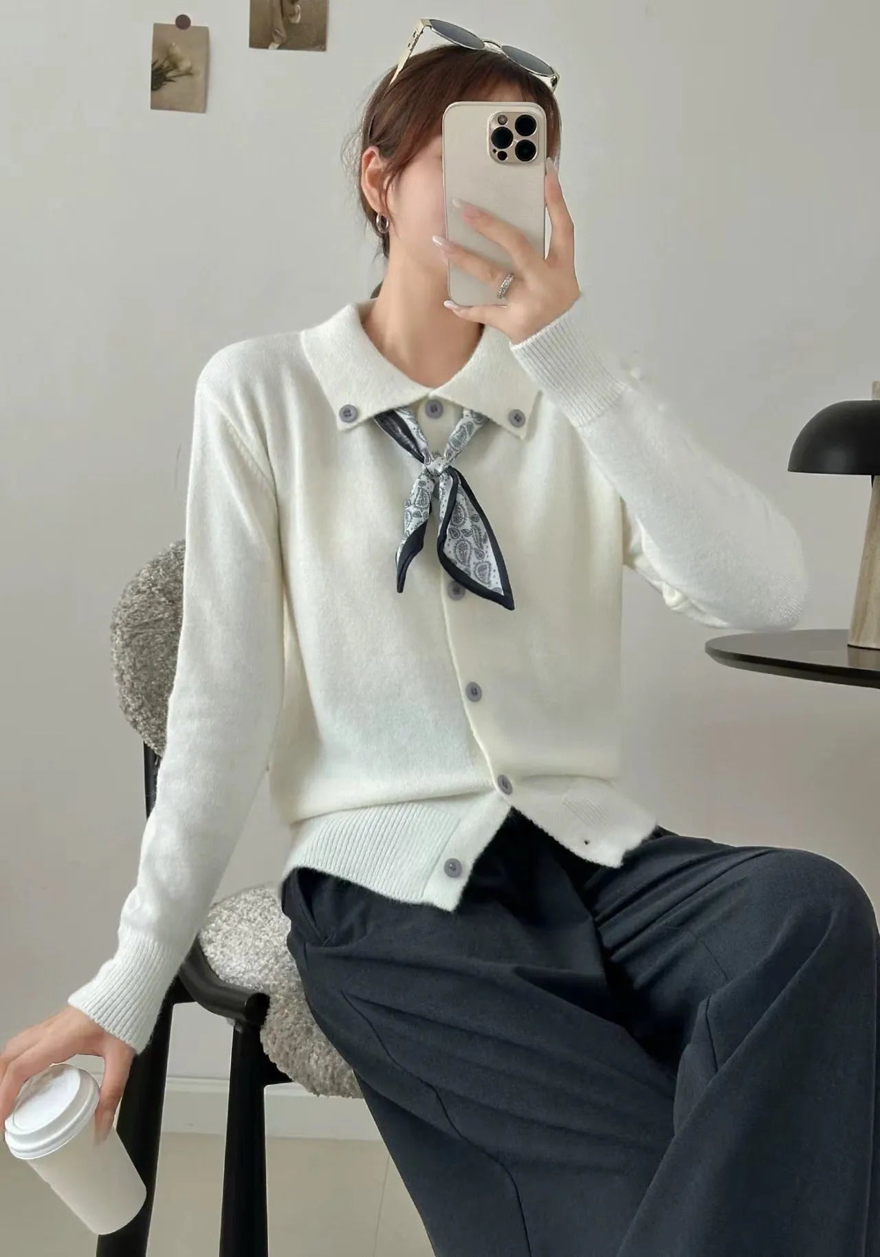 Women's lapel scarf collar acrylic cardigan sweater in milky white colour with long sleeves