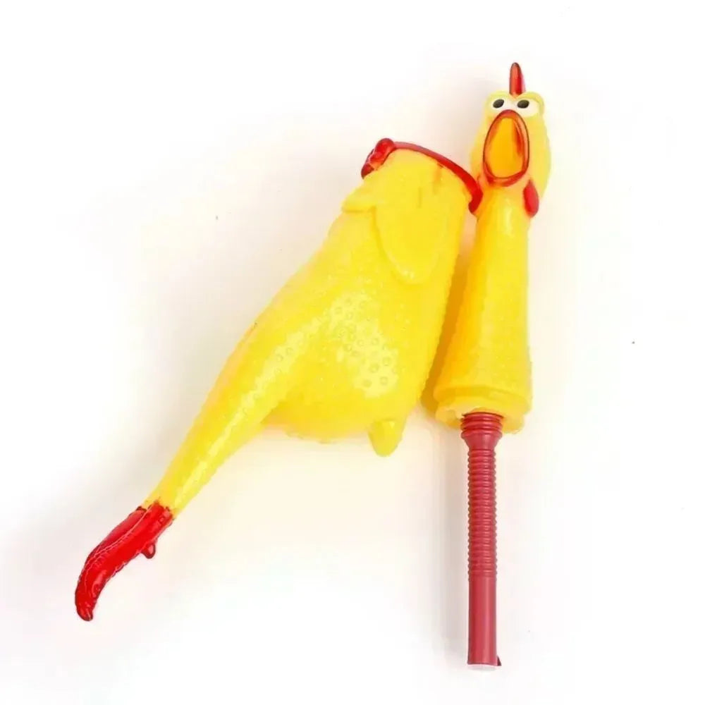Yellow rubber squeaky chicken dog chew toy shown in small, medium, and large sizes.