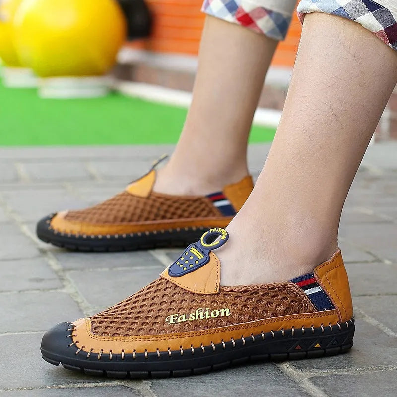Men's brown breathable mesh casual shoes with rubber sole and stitching details
