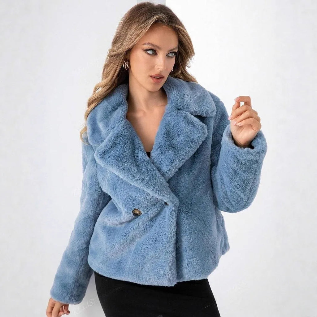Women's short loose faux fur coat in rose red, shown on a model.