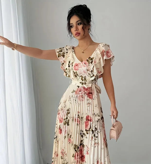 Apricot floral print V-neck dress with ruffled sleeves and oversized swing skirt