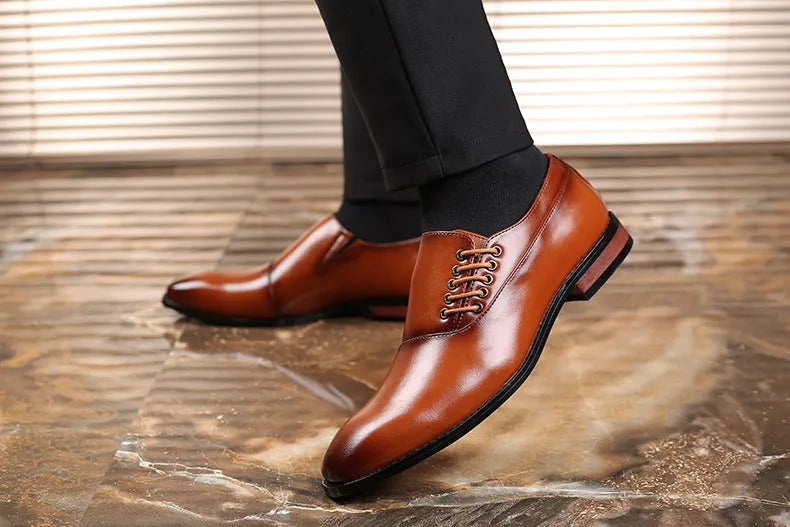Men's plus size business formal shoes in black, wine red or yellow with breathable artificial PU upper, sizes 38 to 48