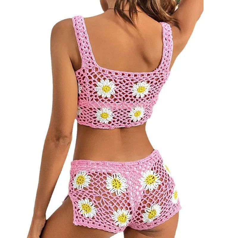 Light green flower print vest bikini swimsuit set for women on a beach background