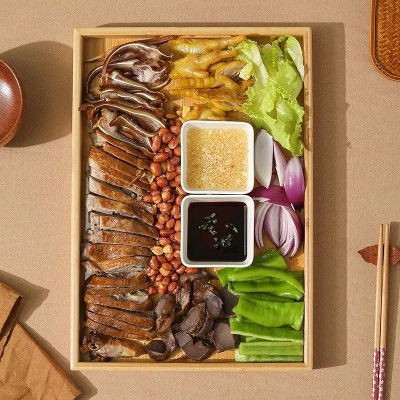 Brown-handled bamboo barbecue serving tray in square shape