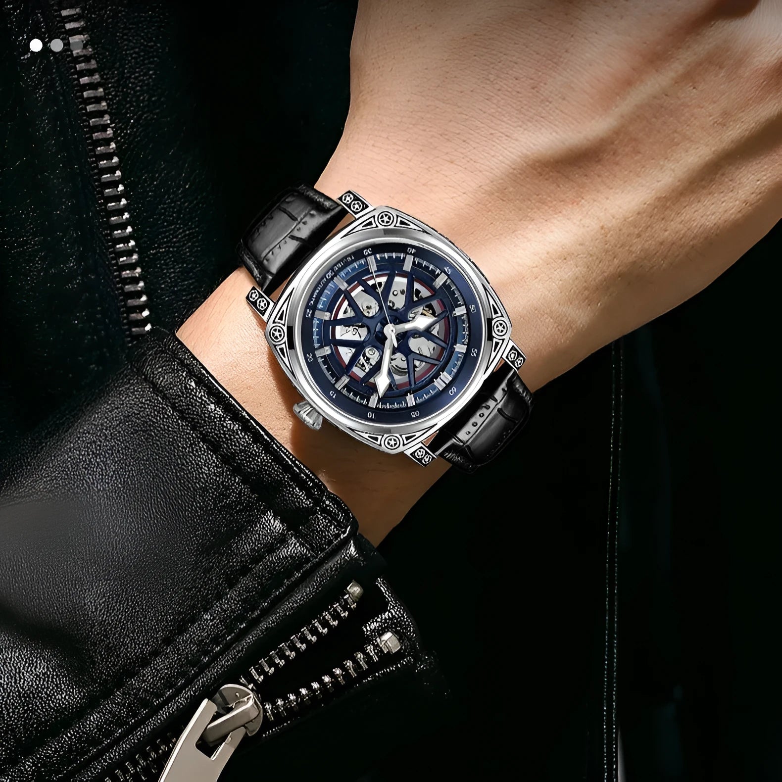 Stainless steel automatic mechanical men's watch with leather strap on wrist