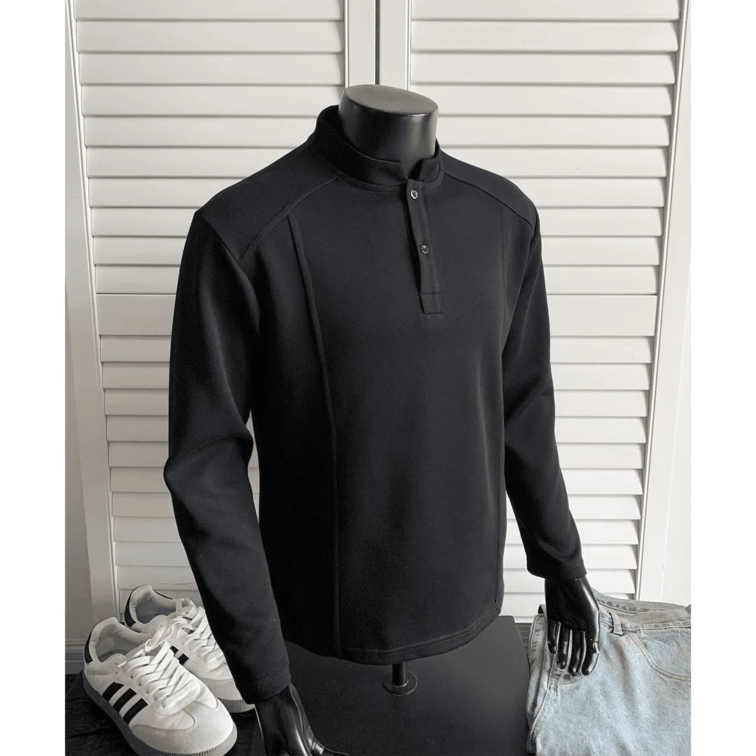 Men's patchwork stand-up collar shoulder polo shirt in Chinese cotton with asymmetric design