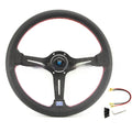 14-inch leather steering wheel with middle concave design showing hand-stitched detailing
