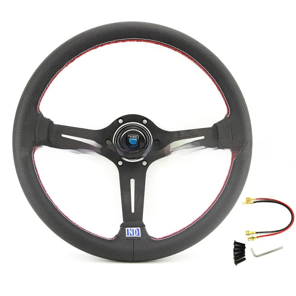 14-inch leather steering wheel with middle concave design showing hand-stitched detailing