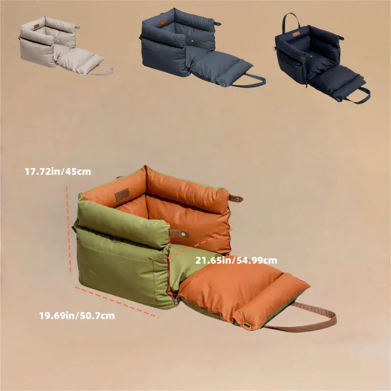 Green waterproof dog car bed with removable cover on a car seat, measuring 55cm by 50cm.