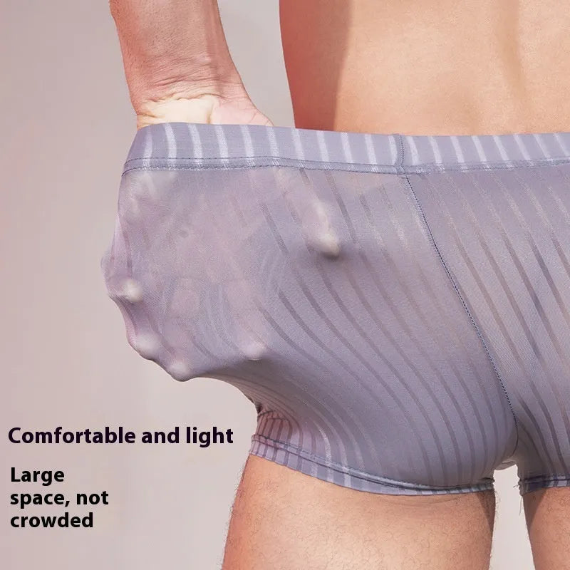 Men's striped underwear in thin transparent nylon, shown in black, dark grey, and white.