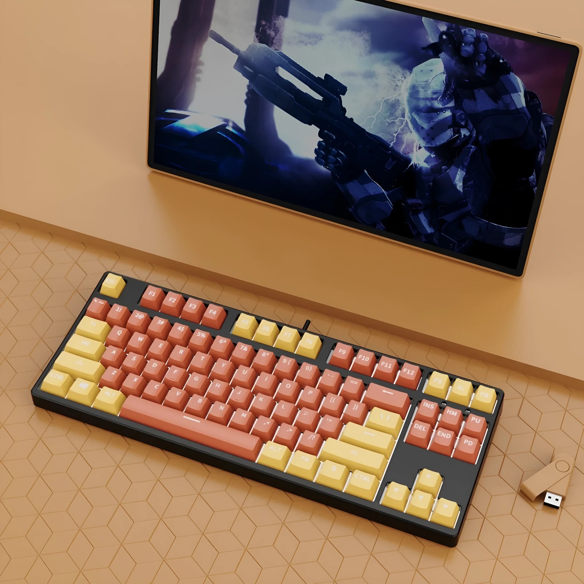87-key wired mechanical keyboard with two-tone keycaps in orange and yellow colour combination