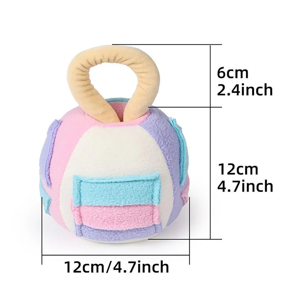 Pink and green squeaky plush ball dog toy with treat pockets for small to medium breed dogs