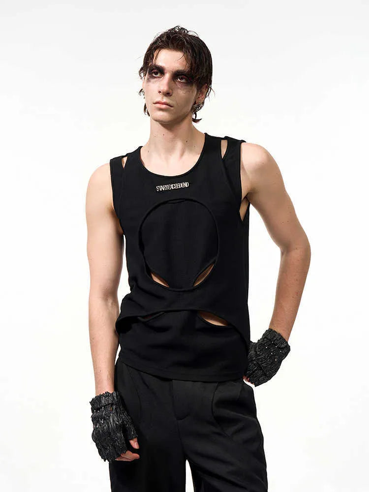 Men's loose sleeveless waistcoat with hollow white thread design in black colour