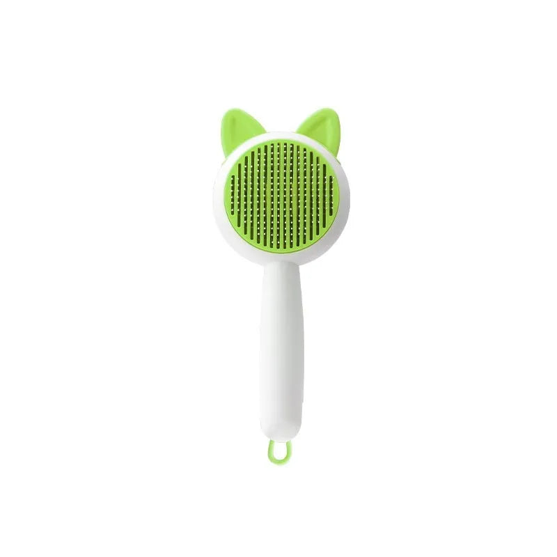 Self-cleaning pet grooming comb with stainless steel pins and massage tips in greenish white colour
