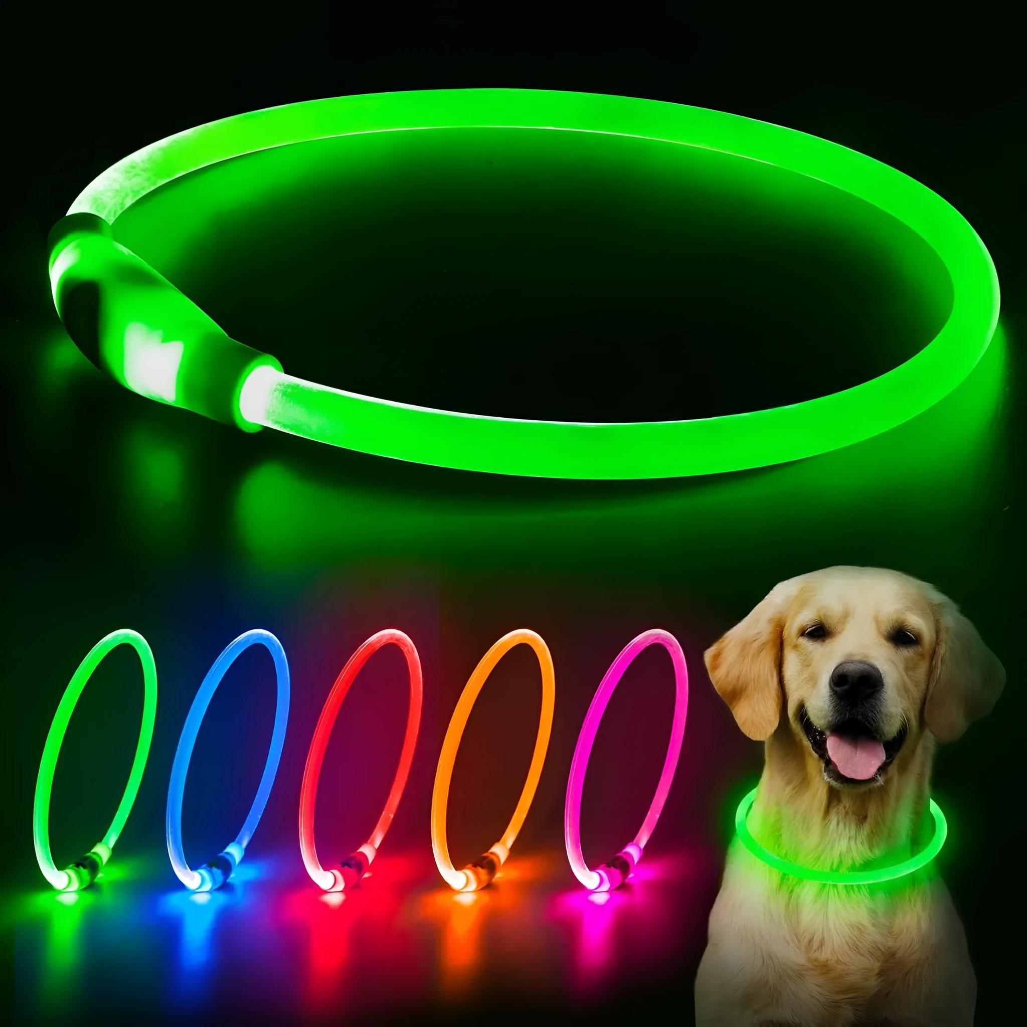 USB-rechargeable LED dog collar glowing blue with adjustable length for night safety