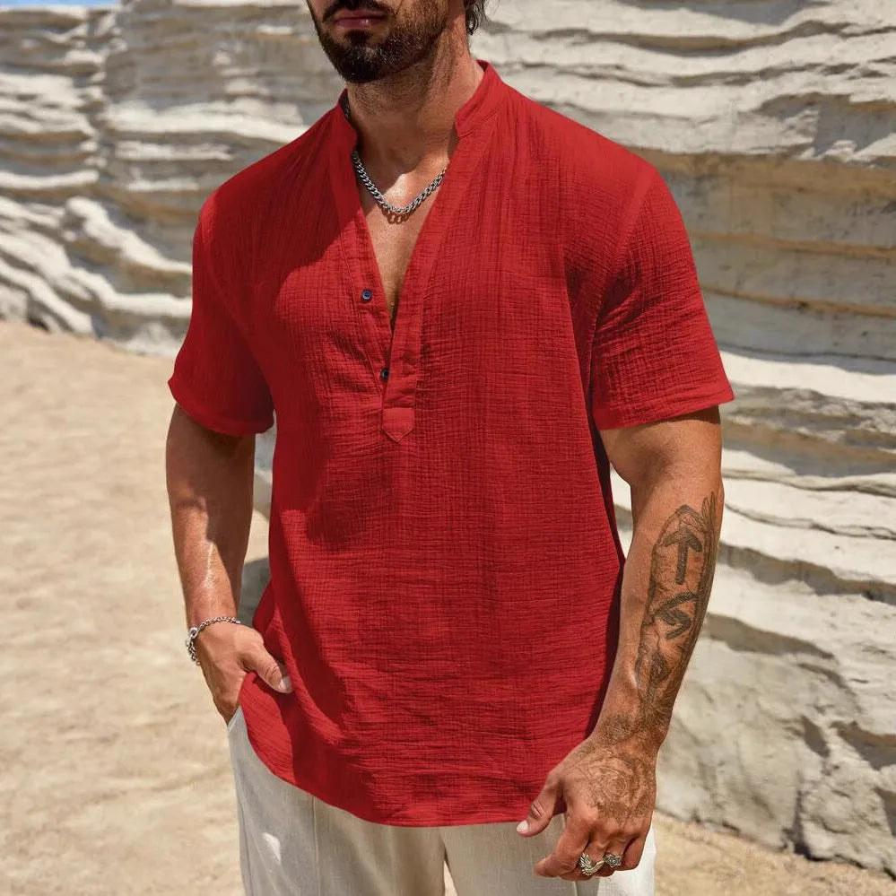 Men's stand collar short sleeve shirt in solid colour with breathable fabric for summer casual wear