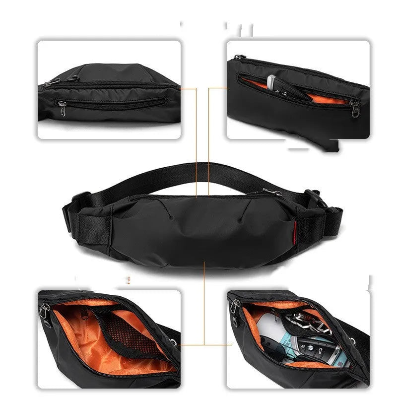 Men's black Oxford cloth crossbody waist pack showing interior organisation pockets
