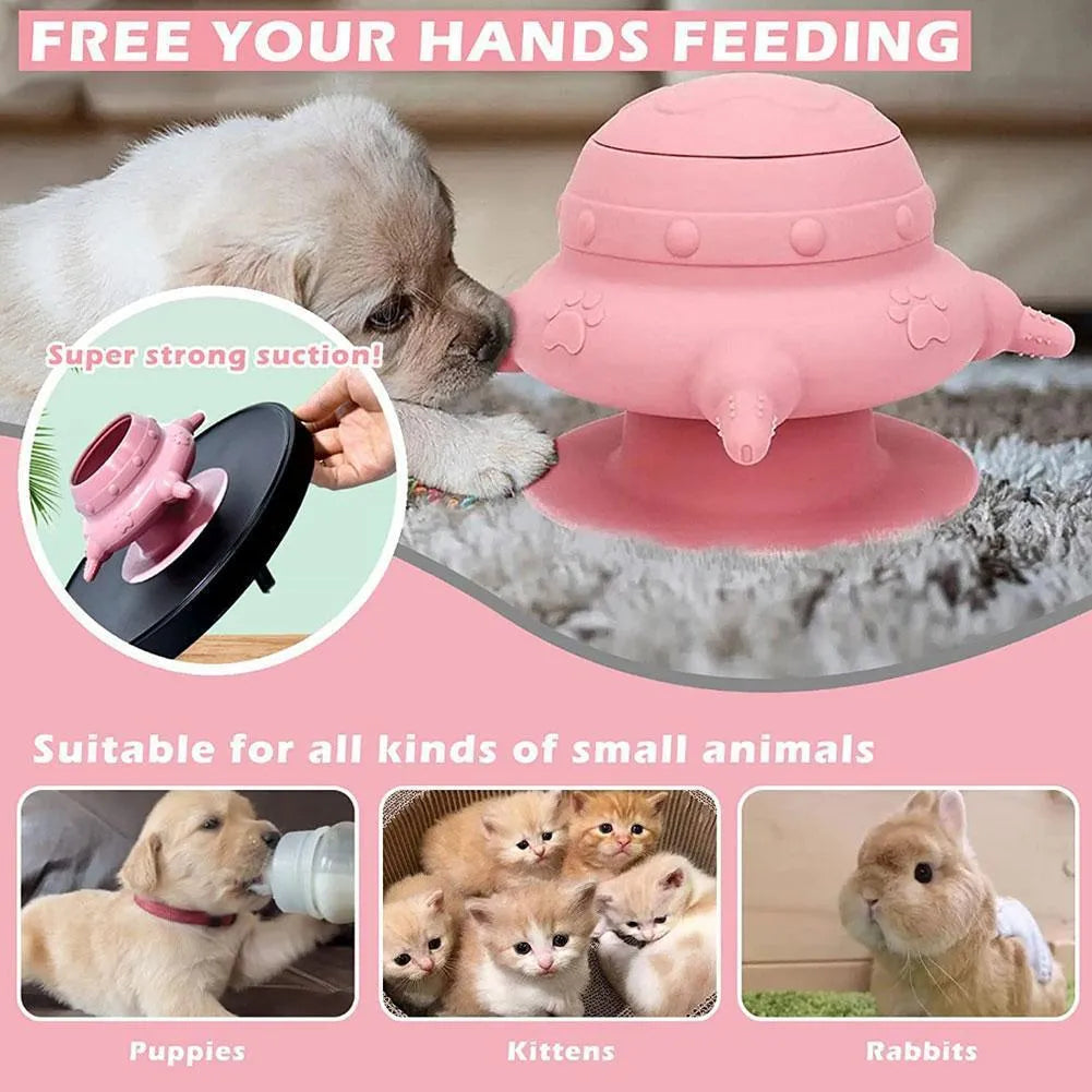 Pink silicone pet nursing device with four pacifiers for puppies and kittens