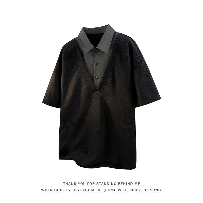 Men's heavy Henry collar polo shirt sweater in spandex fabric available in black and apricot colours
