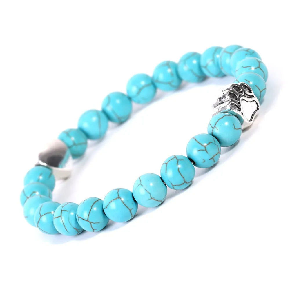 Close-up of a geometric beaded stone bracelet showing texture, style options include Tigereye and Indian Agate.