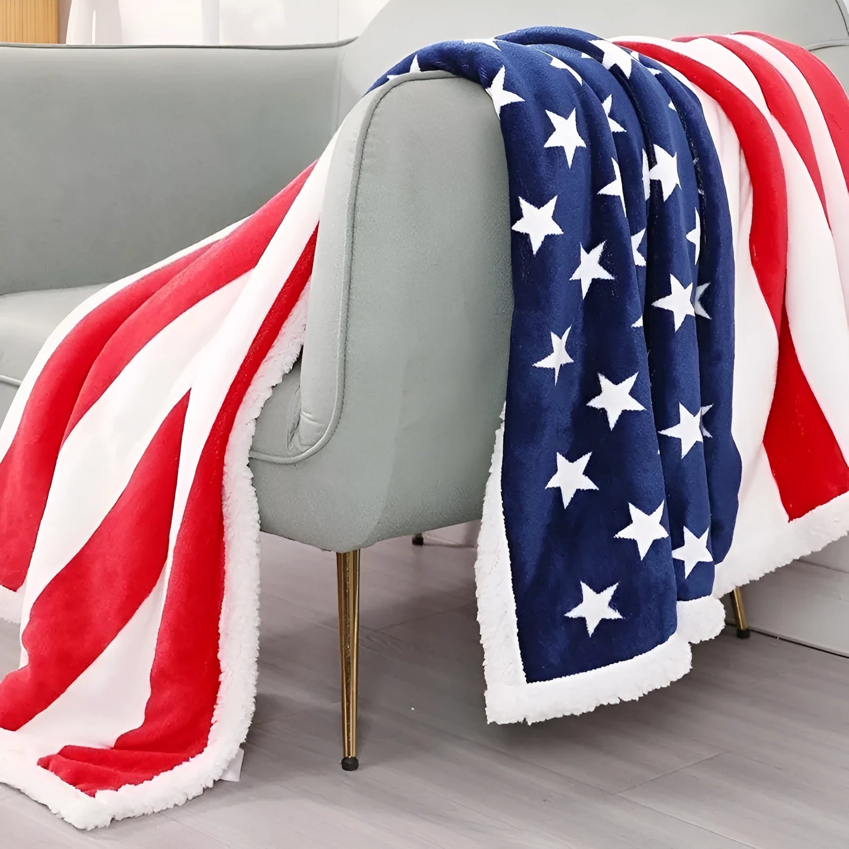American style striped lambswool-look polyester blanket laid flat, showing three size options.