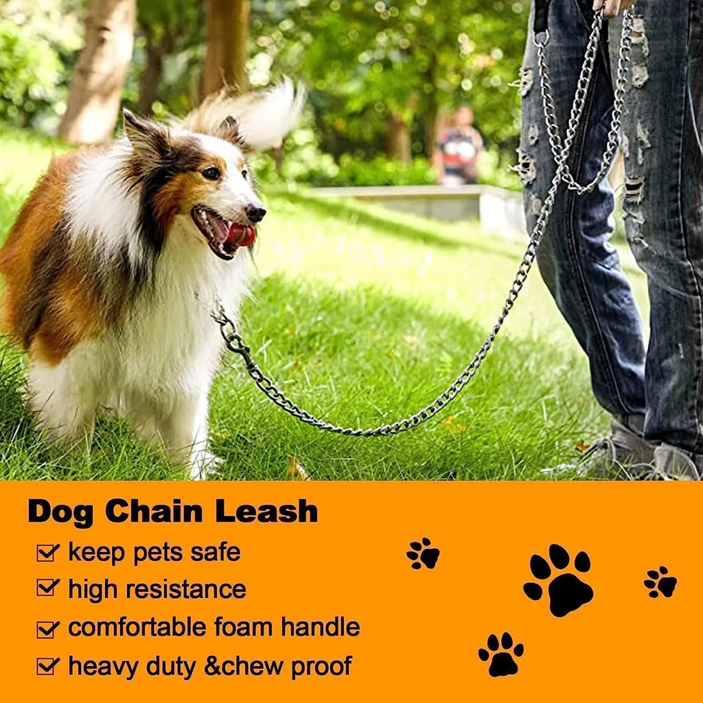 Heavy duty metal dog chain leash with soft black padded handle, shown with large dog