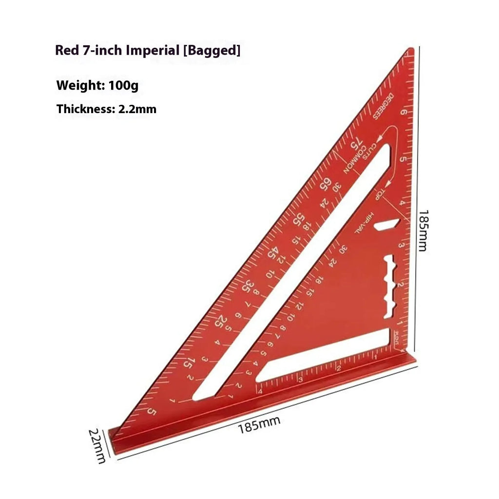 Red metal combination angle ruler set with 7-inch length and metric measurements for civil surveying