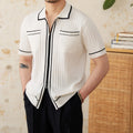 Slim fit black knitting polo shirt with elastic lapel collar and short sleeves